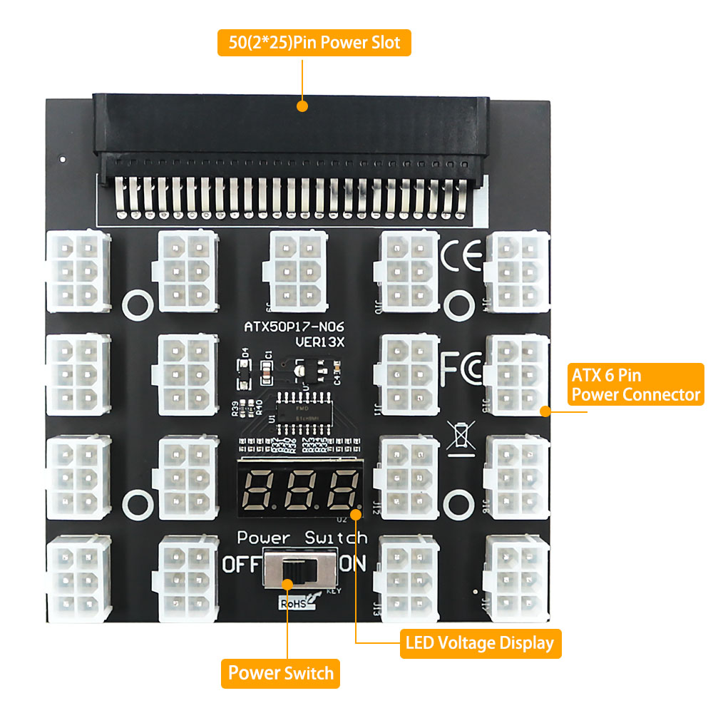 PCI-E 12В 50Pin до ATX 17 x 6P – обзор и цена 2000W Atx Mining Power Supply